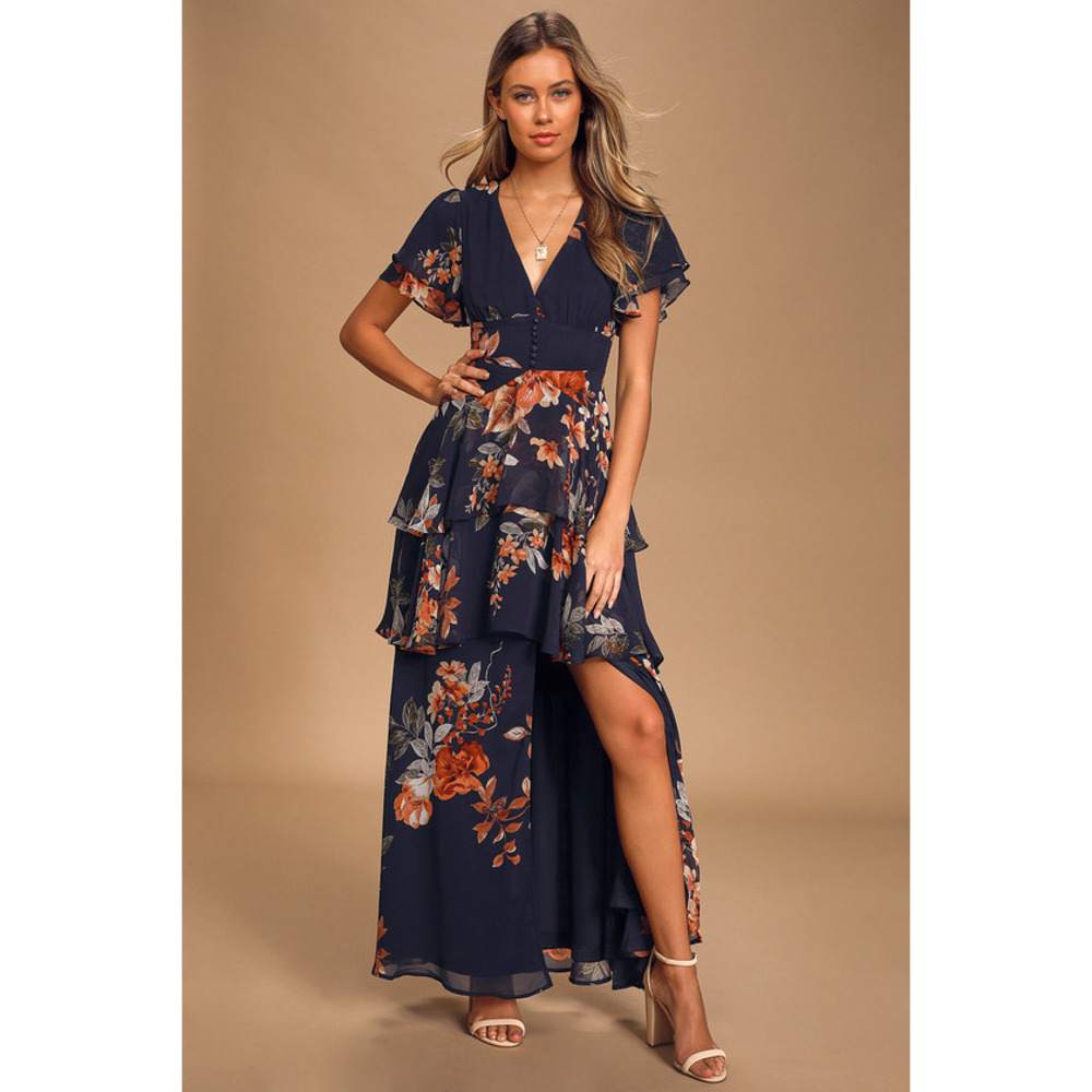 Lulus Midnight Mood Navy Blue Floral Print Tiered Maxi Dress - Size L